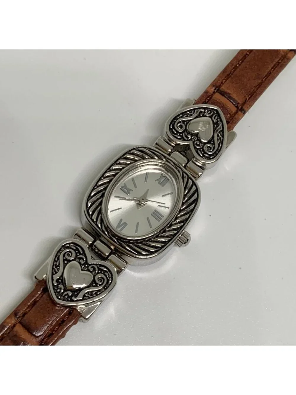 Accutime Women’s SilverTone watch 20mm quartz analog heart brown leather running